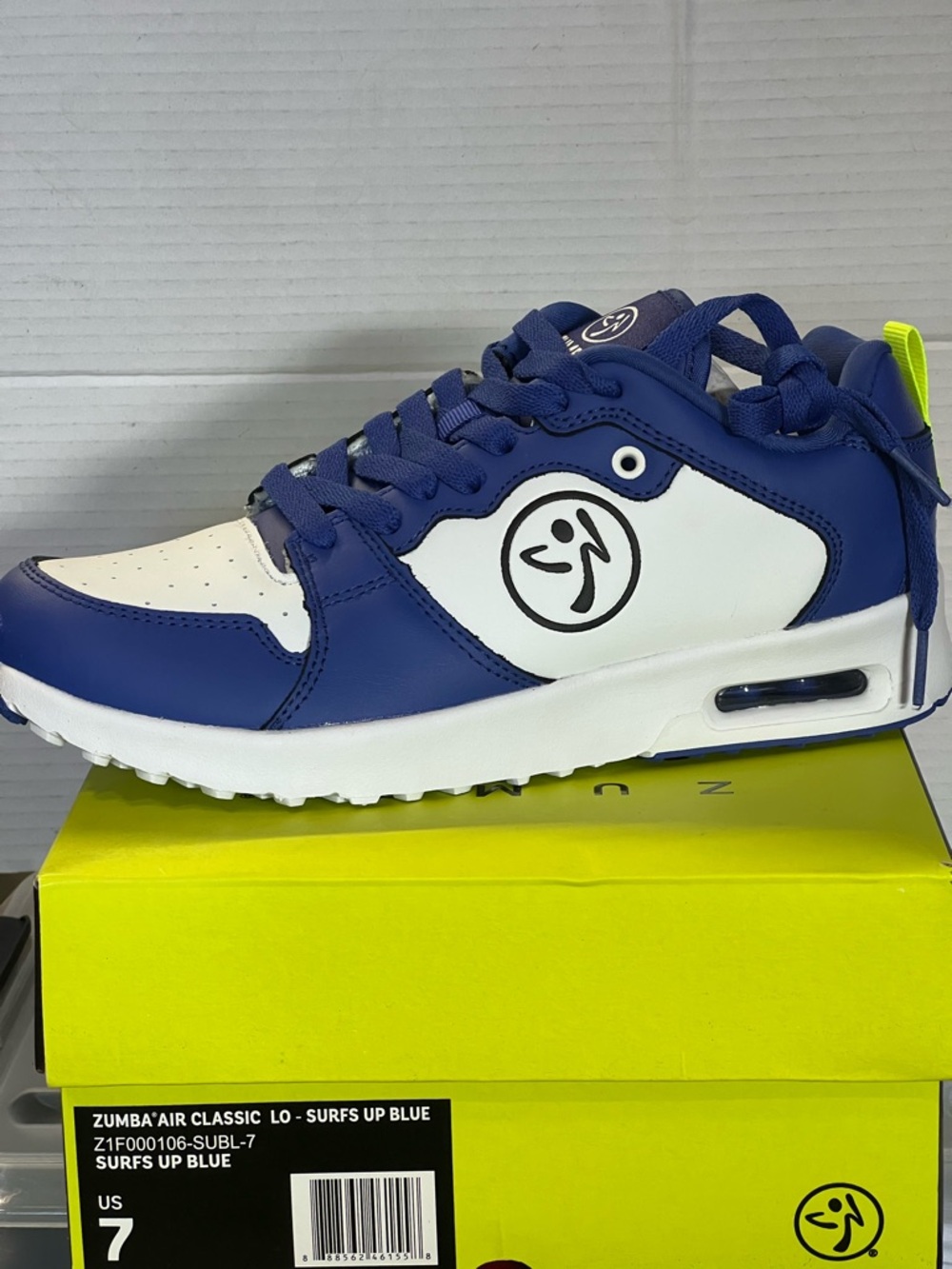 Zumba Fitness Surfs Up Blue White Sneakers with Neon Yellow Pull Tab